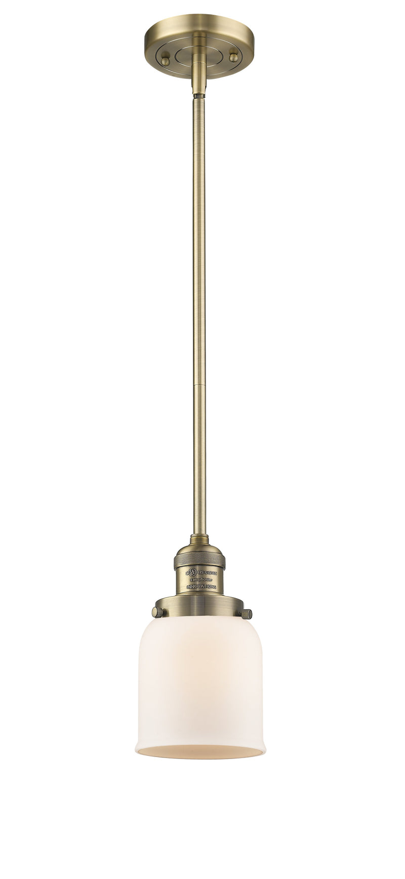 Innovations Lighting Small Bell 1-100 watt 5 inch Brushed Brass Mini Pendant Matte White Cased glass Hang Straight Swivel 201SBBG51