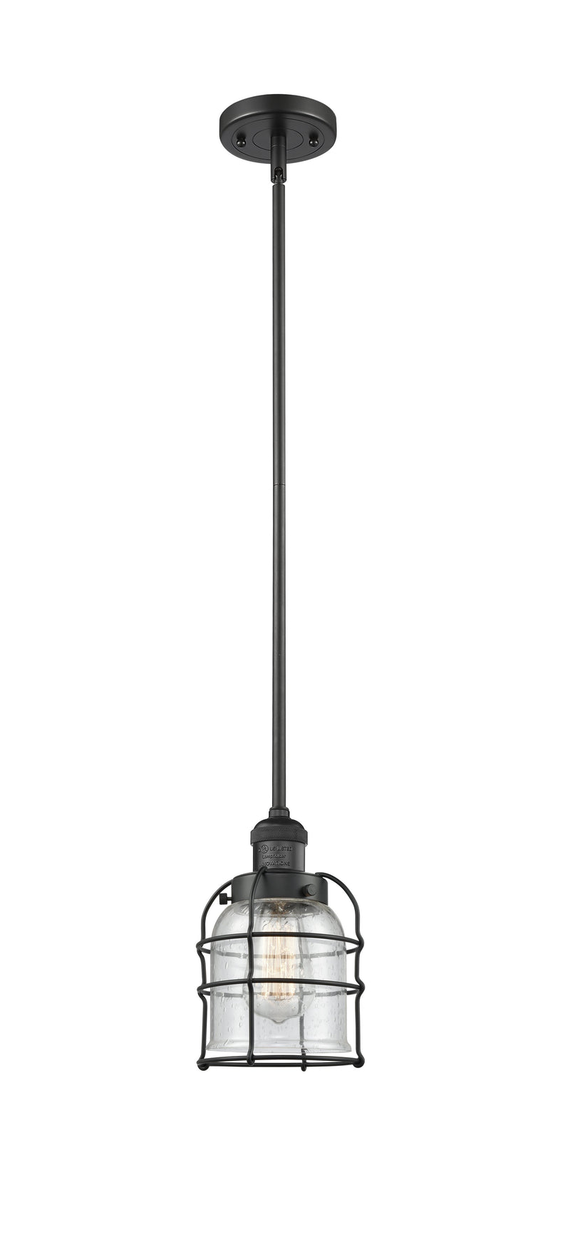 Innovations Lighting Small Bell Cage 1-100 watt 8 inch Black Mini Pendant  Seedy glass   Hang Straight Swivel 201SBKG54CE