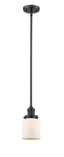 Innovations Lighting Small Bell 1-100 watt 5 inch Oil Rubbed Bronze Mini Pendant Matte White Cased glass  Hang Straight Swivel 201SOBG51