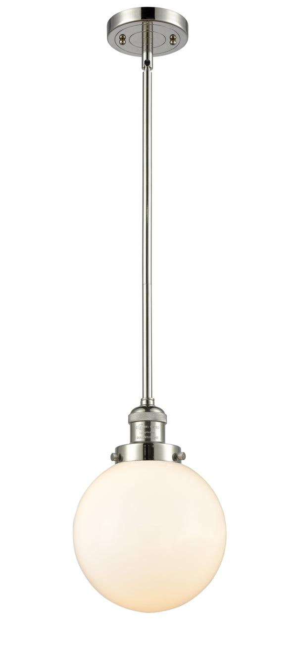 Innovations Lighting Beacon 1-100 watt 8 inch Polished Nickel Mini Pendant Matte White Cased glass Hang Straight Swivel 201SPNG2018