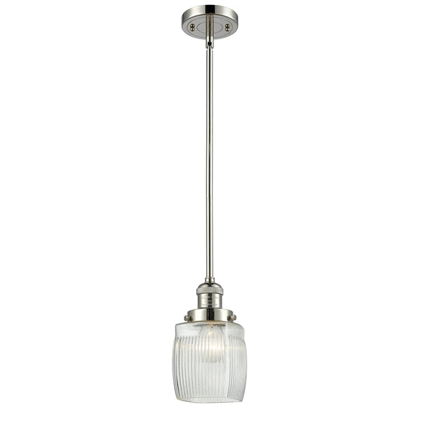Colton Mini Pendant shown in the Polished Nickel finish with a Clear Halophane shade