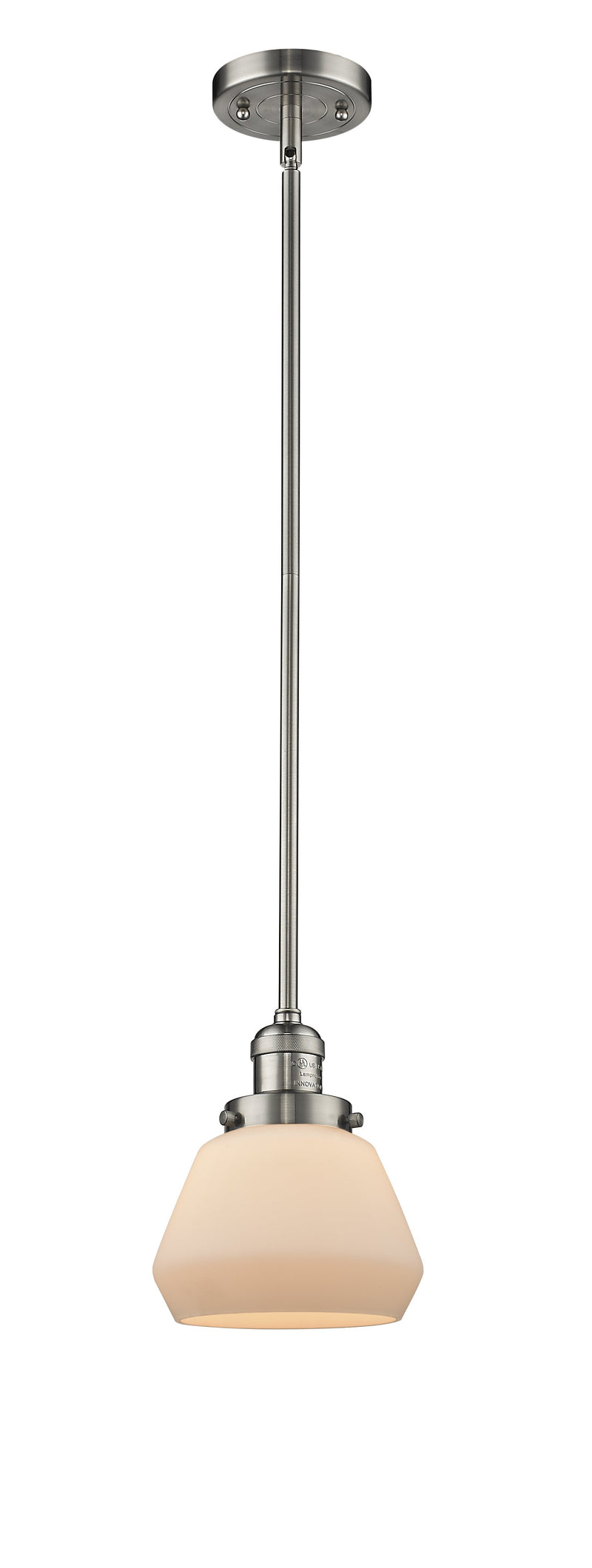 Innovations Lighting Fulton 1-100 watt 7 inch Brushed Satin Nickel Mini Pendant Matte White Cased glass Hang Straight Swivel 201SSNG171