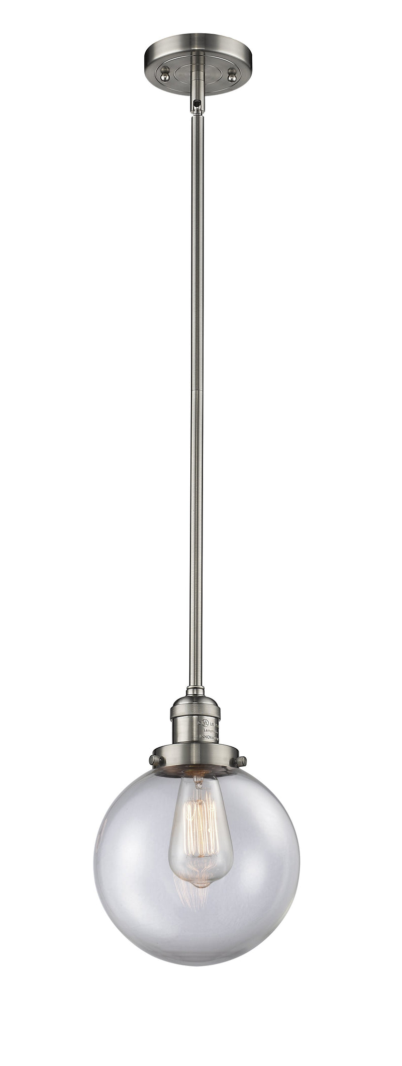 Innovations Lighting Beacon 1-100 watt 8 inch Brushed Satin Nickel Mini Pendant  Clear glass   Hang Straight Swivel 201SSNG2028