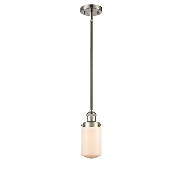 Dover Mini Pendant shown in the Brushed Satin Nickel finish with a Matte White shade