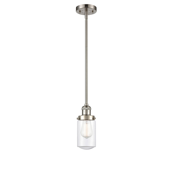 Dover Mini Pendant shown in the Brushed Satin Nickel finish with a Clear shade