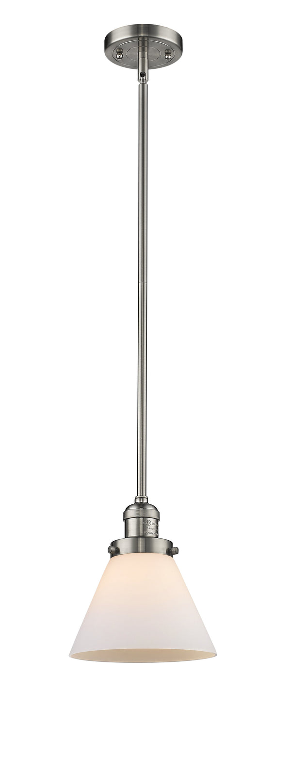 Innovations Lighting Large Cone 1-100 watt 8 inch Brushed Satin Nickel Mini Pendant Matte White Cased glass Hang Straight Swivel 201SSNG41