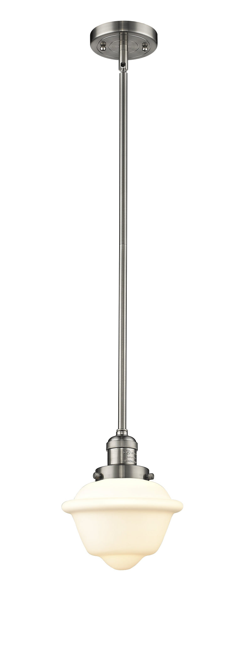 Innovations Lighting Small Oxford 1-100 watt 8 inch Brushed Satin Nickel Mini Pendant Matte White Cased glass Hang Straight Swivel 201SSNG531