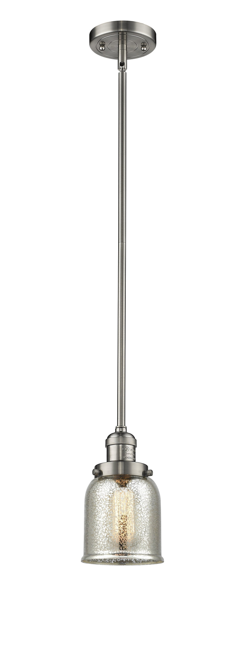 Innovations Lighting Small Bell 1-100 watt 5 inch Brushed Satin Nickel Mini Pendant Silver Plated Mercury glass Hang Straight Swivel 201SSNG58