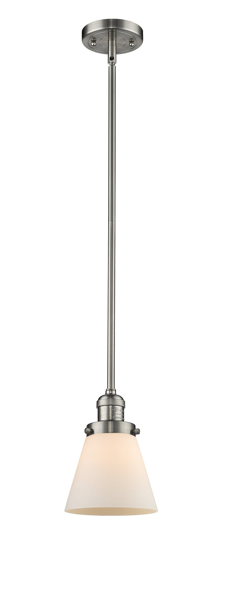 Innovations Lighting Small Cone 1-100 watt 6 inch Brushed Satin Nickel Mini Pendant Matte White Cased glass  Hang Straight Swivel 201SSNG61