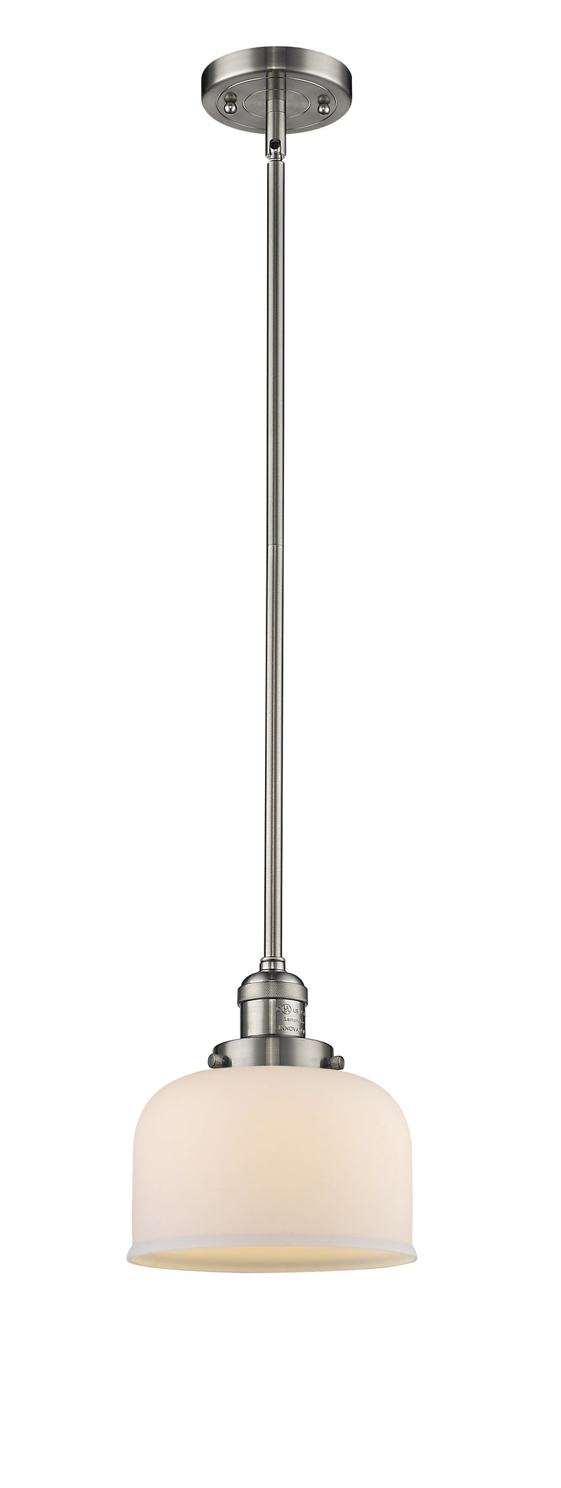 Innovations Lighting Large Bell 1-100 watt 8 inch Brushed Satin Nickel Mini Pendant Matte White Cased glass  Hang Straight Swivel 201SSNG71