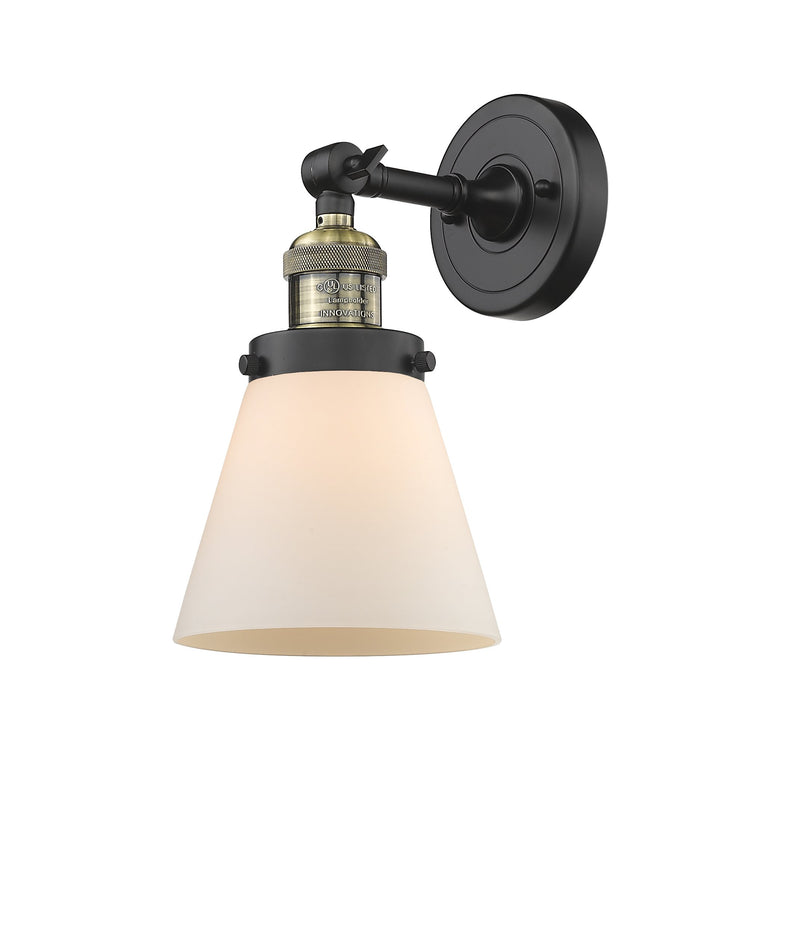 Innovations Lighting Small Cone 1-100 watt 6 inch Black Antique Brass Sconce Matte White Cased glass 180 Degree Adjustable Swivel 203BABG61