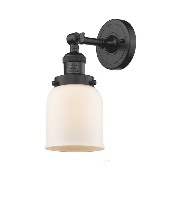 Innovations Lighting Small Bell 1-100 watt 5 inch Oil Rubbed Bronze Sconce Matte White Cased Glass  180 Degree Adjustable Swivel 203OBG51