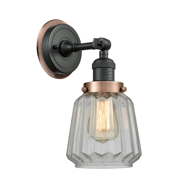 Chatham Sconce shown in the Matte Black finish with a Clear shade