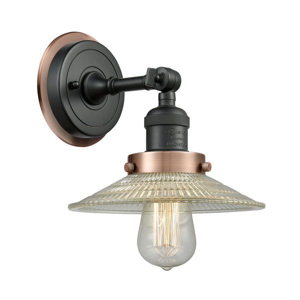 Halophane Sconce shown in the Matte Black finish with a Clear Halophane shade