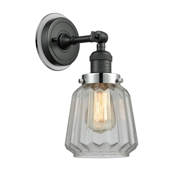 Chatham Sconce shown in the Matte Black finish with a Clear shade