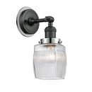 Colton Sconce shown in the Matte Black finish with a Clear Halophane shade