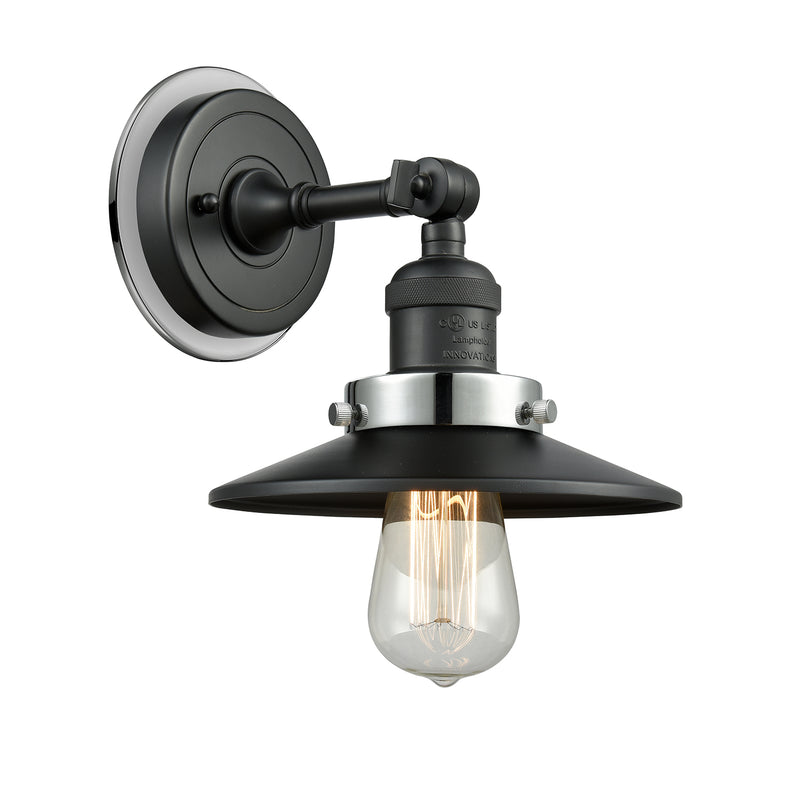 Railroad Sconce shown in the Matte Black finish with a Polished Nickel shade