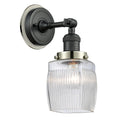 Colton Sconce shown in the Matte Black finish with a Clear Halophane shade