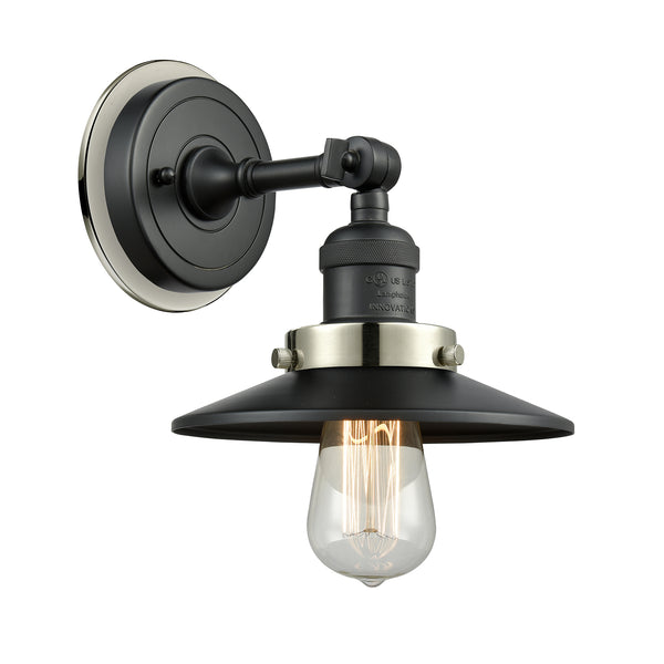 Railroad Sconce shown in the Matte Black finish with a Polished Nickel shade