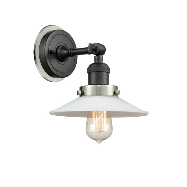 Halophane Sconce shown in the Matte Black finish with a Matte White Halophane shade