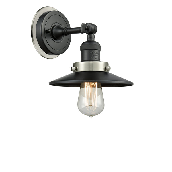 Railroad Sconce shown in the Matte Black finish with a Polished Nickel shade