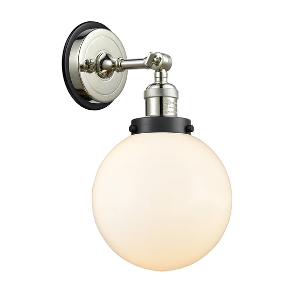 Beacon Sconce shown in the Polished Nickel finish with a Matte White shade
