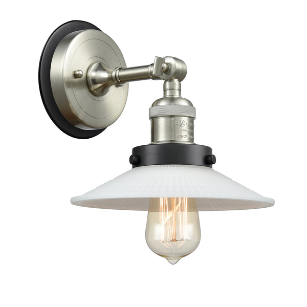 Halophane Sconce shown in the Brushed Satin Nickel finish with a Matte White Halophane shade