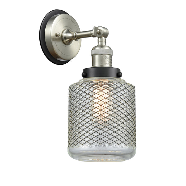 Stanton Sconce shown in the Brushed Satin Nickel finish with a Clear Wire Mesh shade