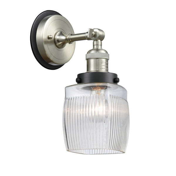 Colton Sconce shown in the Brushed Satin Nickel finish with a Clear Halophane shade