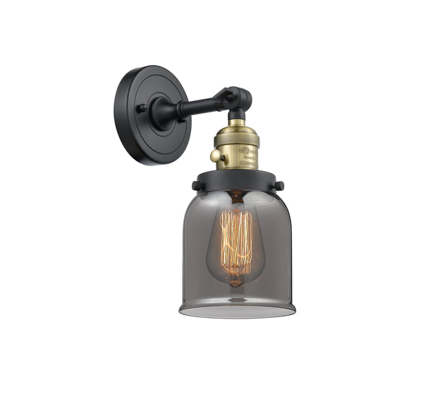 Innovations Lighting Small Bell 1-100 watt 5 inch Black Antique Brass Sconce Smoked glass 180 Degree Swivel High-Low-Off Switch 203SWBABG53