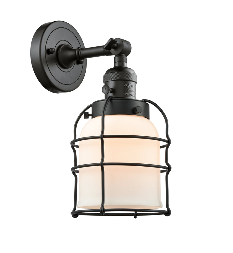 Innovations Lighting Small Bell Cage 1-100 watt 8 inch Black Sconce  Matte White Cased glass 180 Degree Swivel High-Low-Off 203SWBKG51CE