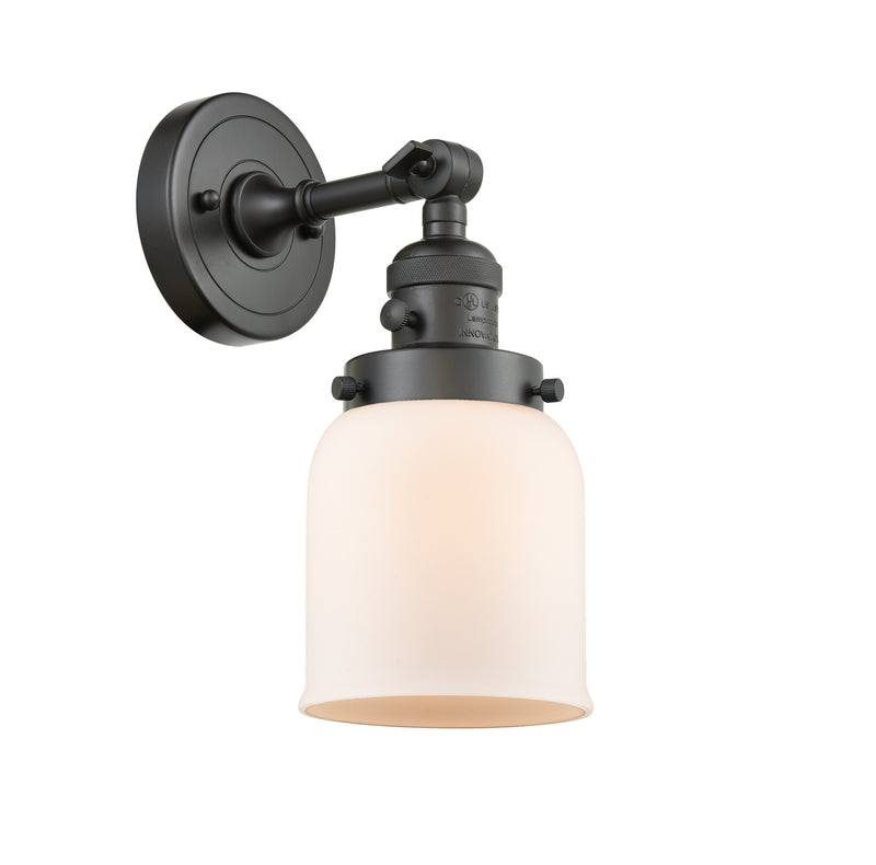 Innovations Lighting Small Bell 1-100 watt 5 inch Oil Rubbed Bronze Sconce Matte White Cased glass 180 Degree Swivel High-Low-Off 203SWOBG51