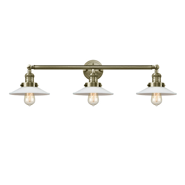 Halophane Bath Vanity Light shown in the Antique Brass finish with a Matte White Halophane shade