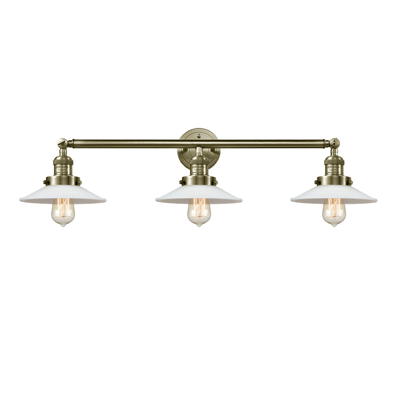 Halophane Bath Vanity Light shown in the Antique Brass finish with a Matte White Halophane shade