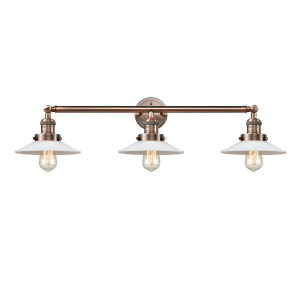 Halophane Bath Vanity Light shown in the Antique Copper finish with a Matte White Halophane shade