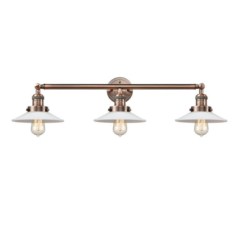 Halophane Bath Vanity Light shown in the Antique Copper finish with a Matte White Halophane shade