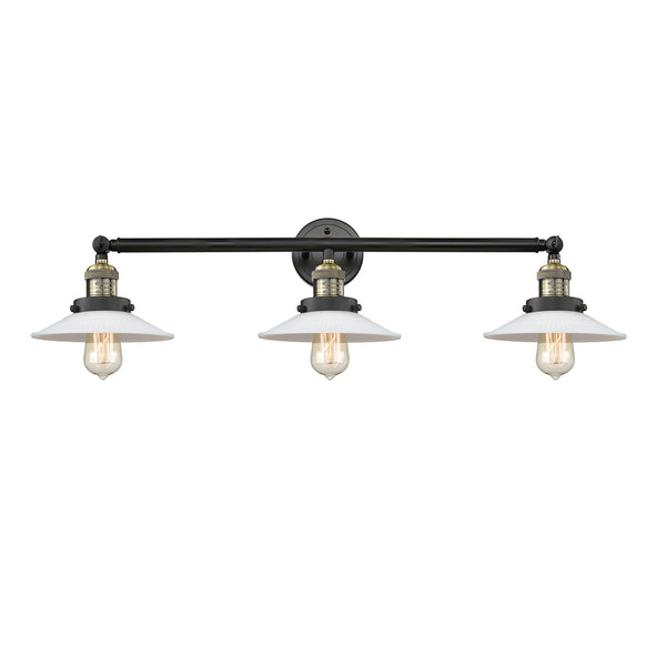 Halophane Bath Vanity Light shown in the Black Antique Brass finish with a Matte White Halophane shade