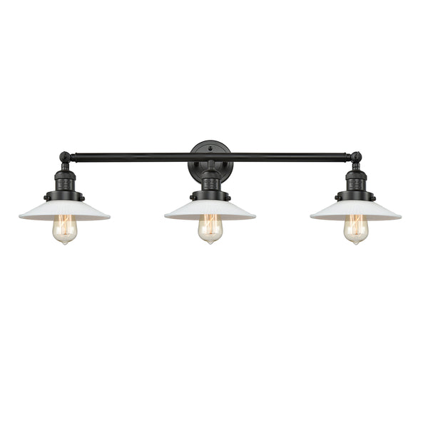 Halophane Bath Vanity Light shown in the Matte Black finish with a Matte White Halophane shade