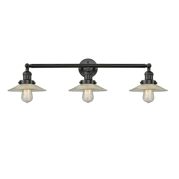 Halophane Bath Vanity Light shown in the Matte Black finish with a Clear Halophane shade