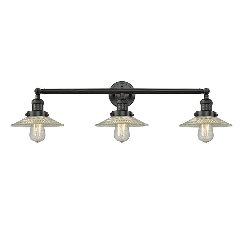 Halophane Bath Vanity Light shown in the Matte Black finish with a Clear Halophane shade