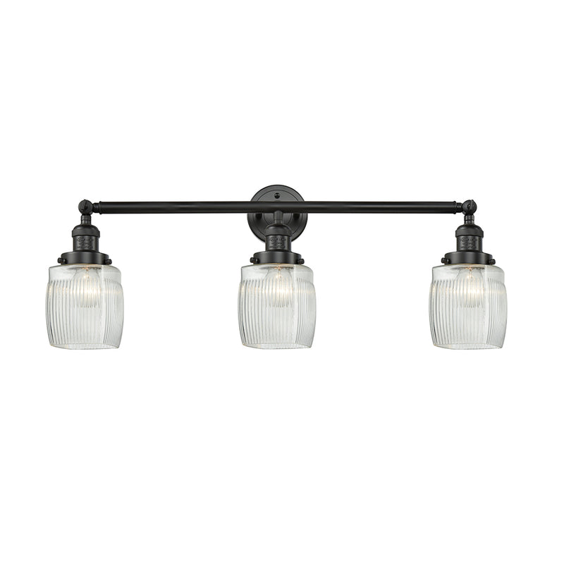Colton Bath Vanity Light shown in the Matte Black finish with a Clear Halophane shade