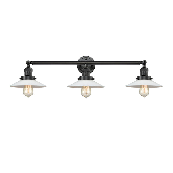 Halophane Bath Vanity Light shown in the Oil Rubbed Bronze finish with a Matte White Halophane shade