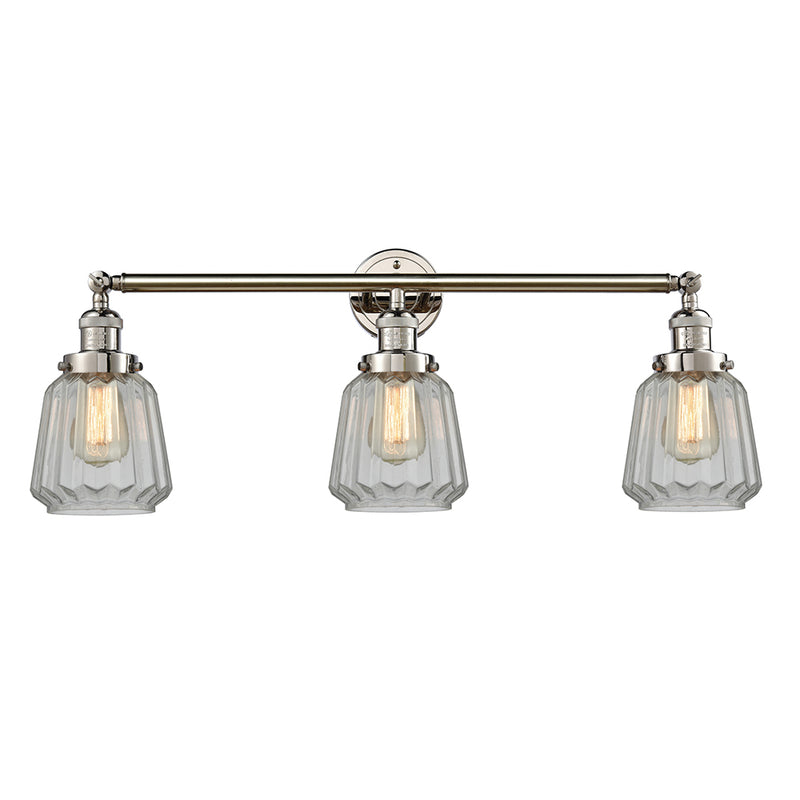 Chatham Bath Vanity Light shown in the Polished Nickel finish with a Clear shade