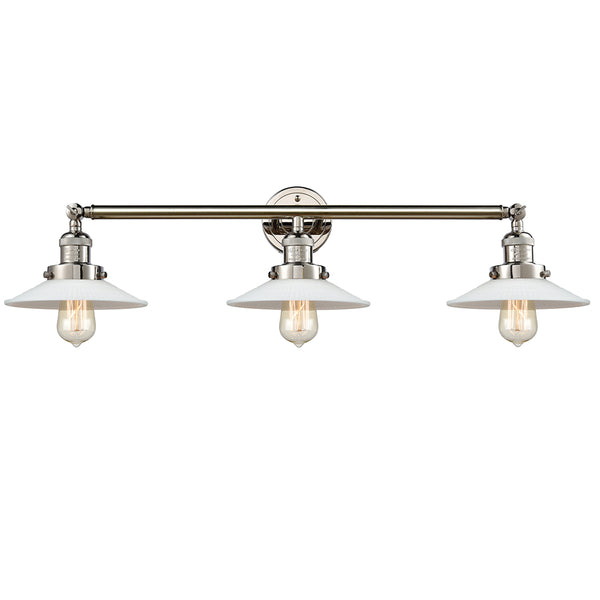 Halophane Bath Vanity Light shown in the Polished Nickel finish with a Matte White Halophane shade