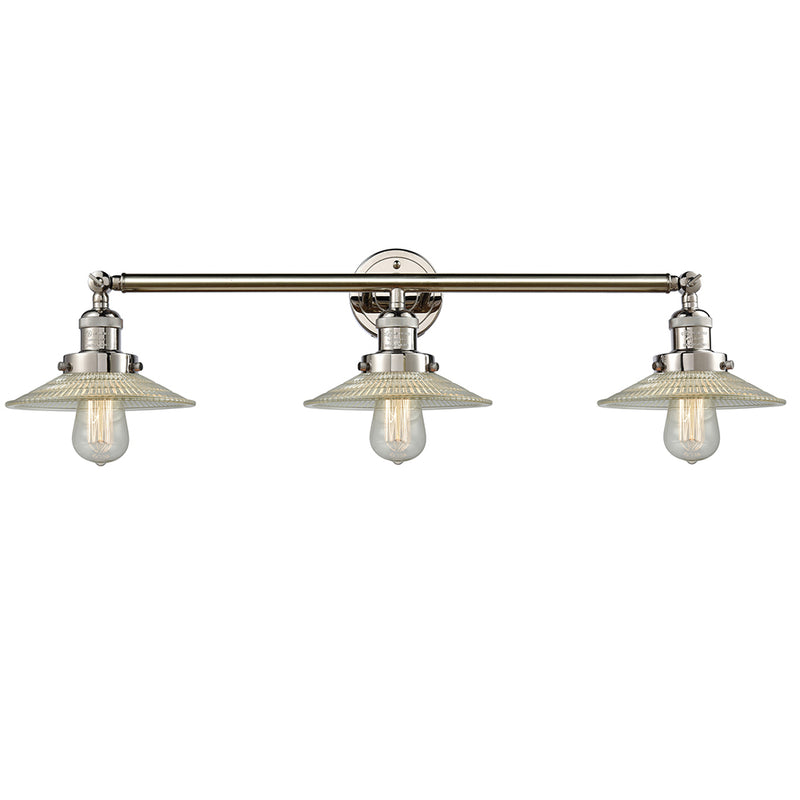 Halophane Bath Vanity Light shown in the Polished Nickel finish with a Clear Halophane shade
