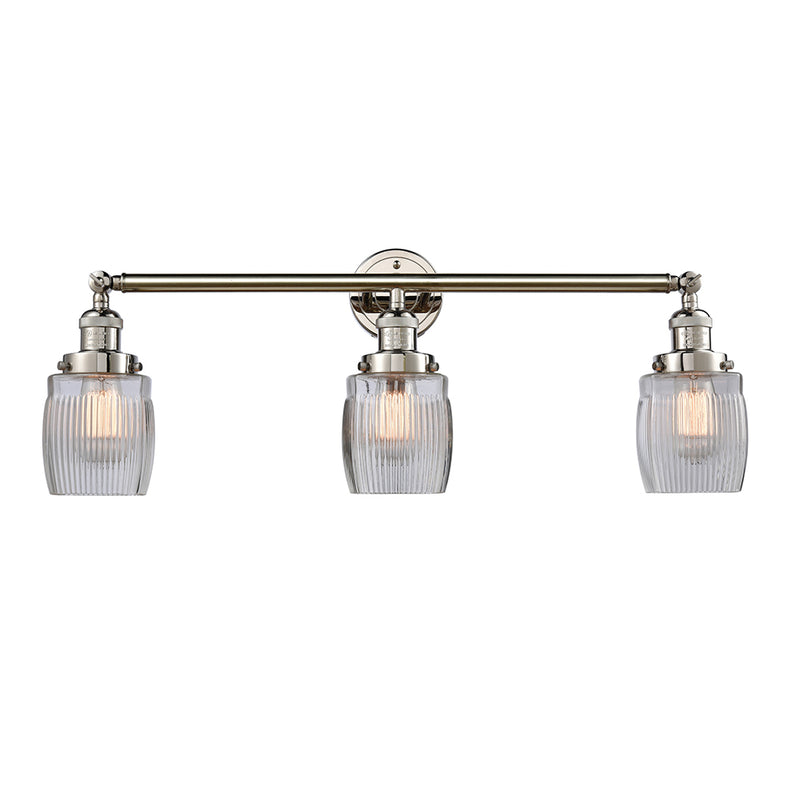 Colton Bath Vanity Light shown in the Polished Nickel finish with a Clear Halophane shade