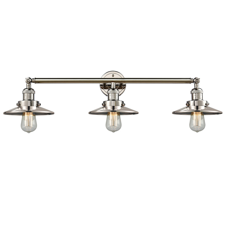 Railroad Bath Vanity Light shown in the Polished Nickel finish with a Polished Nickel shade