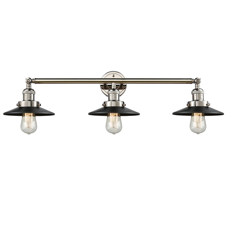 Railroad Bath Vanity Light shown in the Polished Nickel finish with a Matte Black shade