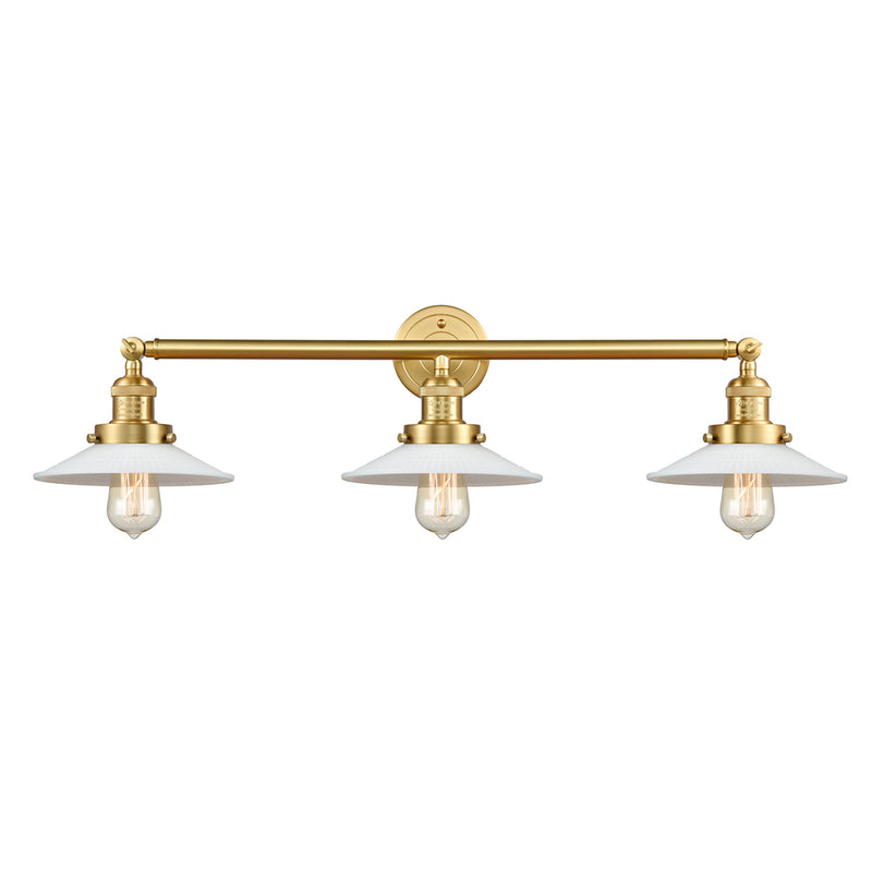Halophane Bath Vanity Light shown in the Satin Gold finish with a Matte White Halophane shade