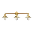 Halophane Bath Vanity Light shown in the Satin Gold finish with a Clear Halophane shade